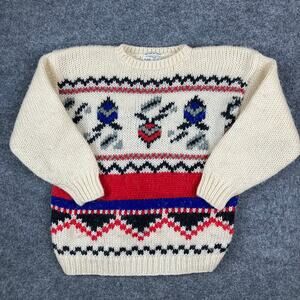 SML Sport Sweater Womens Size L Cream Red Hand Knit Wool Blend Winter Fair Isle